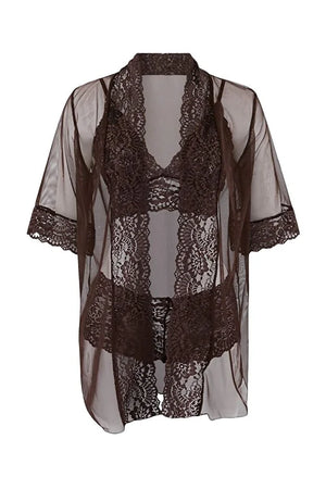 Brown 3-Piece Tulle Lace Detail Non-Padded Knitted Robe & Lingerie Set