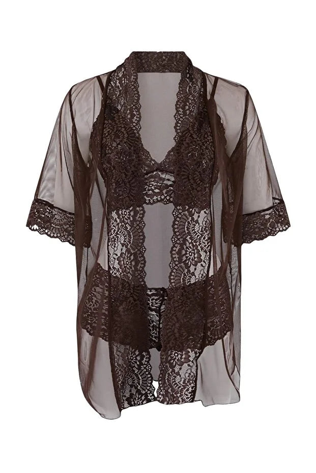 Brown 3-Piece Tulle Lace Detail Non-Padded Knitted Robe & Lingerie Set