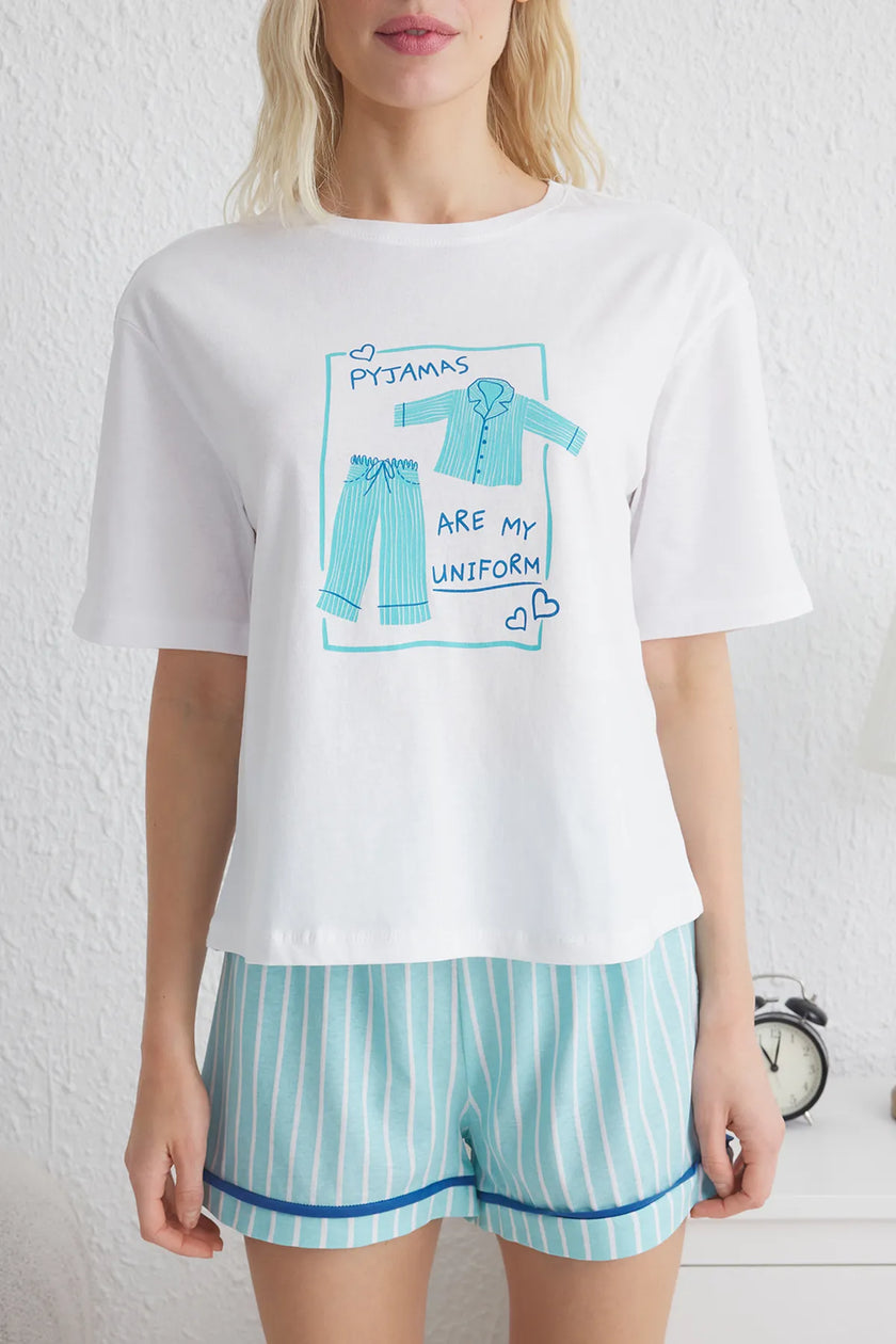 White-Blue Plain Jersey Knitted Pajama Set