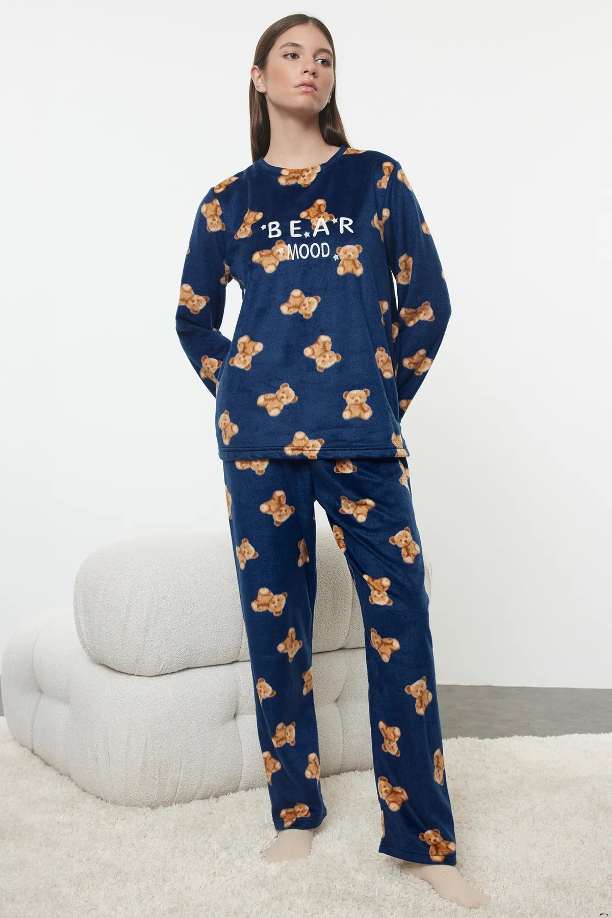 Navy Blue Teddy Bear and Slogan Embroidered Polar Winter Knitted Pajama Set