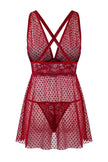 Burgundy Polka Dot Tulle Lace Cross-Tie Detail Babydoll / Fantasy Nightdress