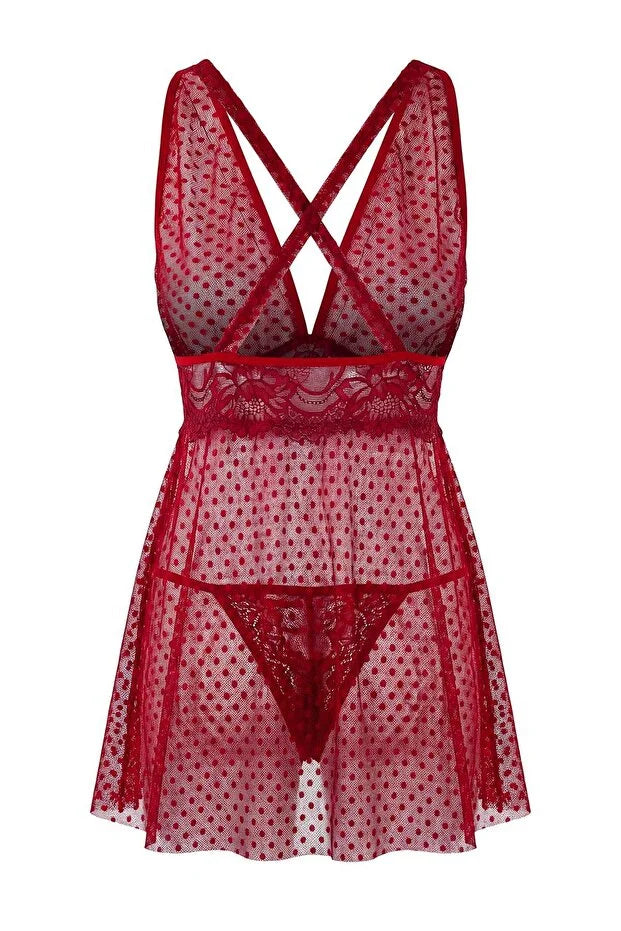 Burgundy Polka Dot Tulle Lace Cross-Tie Detail Babydoll / Fantasy Nightdress