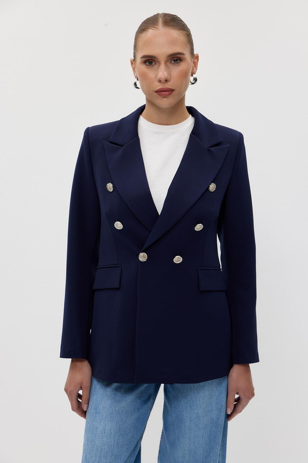 Double Breasted Blazer Navy Blue Women's Jacket