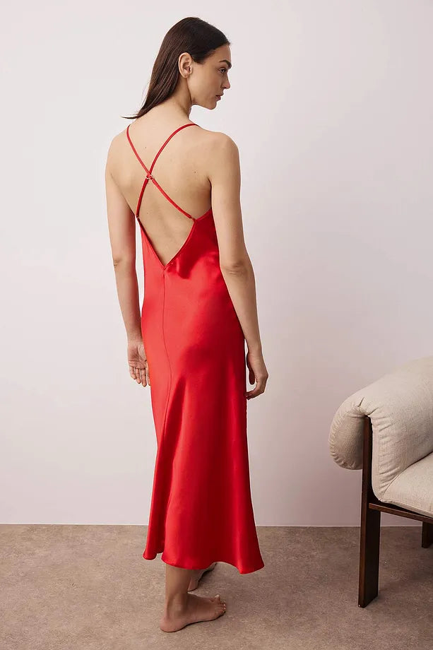 Red Satin-Woven Nightgown with Slit and Button Detail