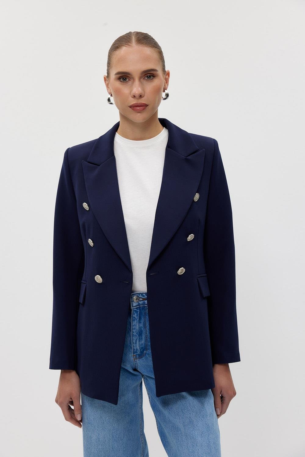 Double Breasted Blazer Navy Blue Women's Jacket