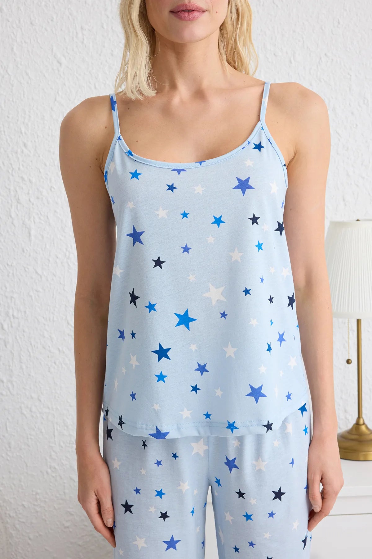 Blue Star Patterned Rope Suspender Knitted Pajama Set