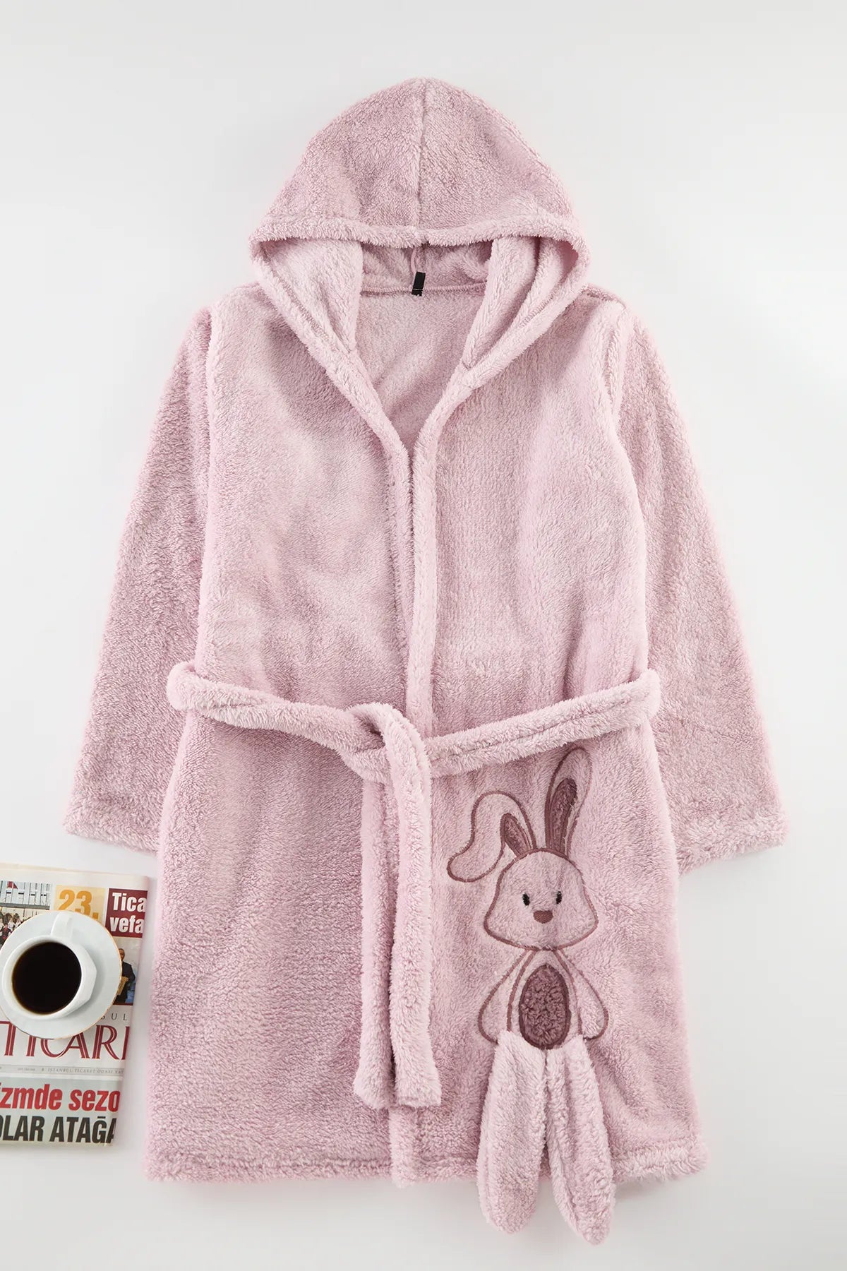 Light Pink Belted Animal Figured Hooded Wellsoft Winter Knitted Dressing Gown