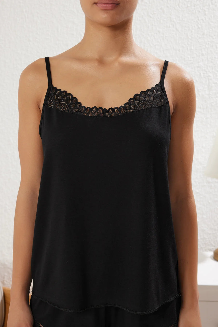 Black Lace Detailed Rope Suspender Shorts Knitted Pajama Set