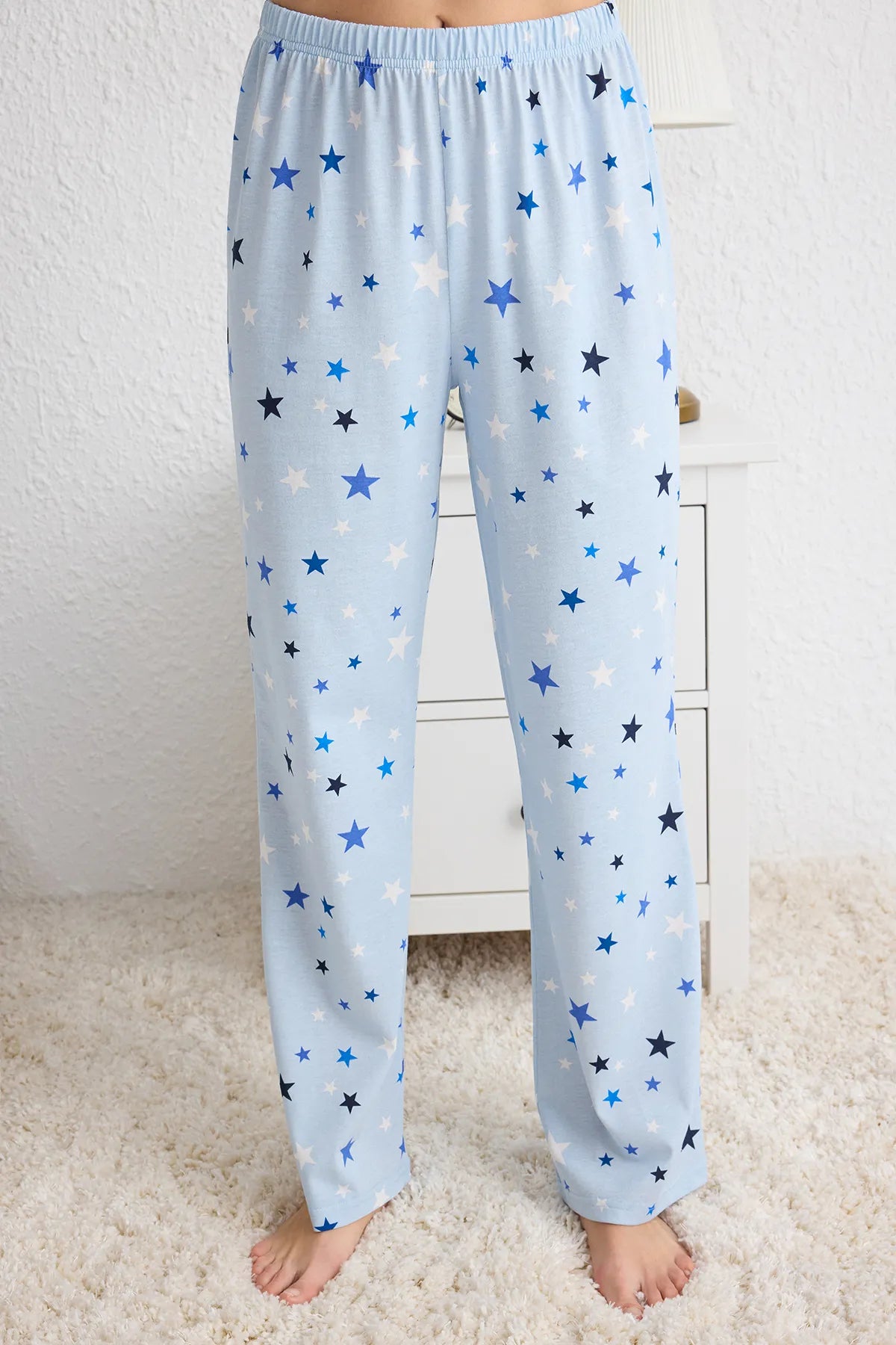 Blue Star Patterned Rope Suspender Knitted Pajama Set