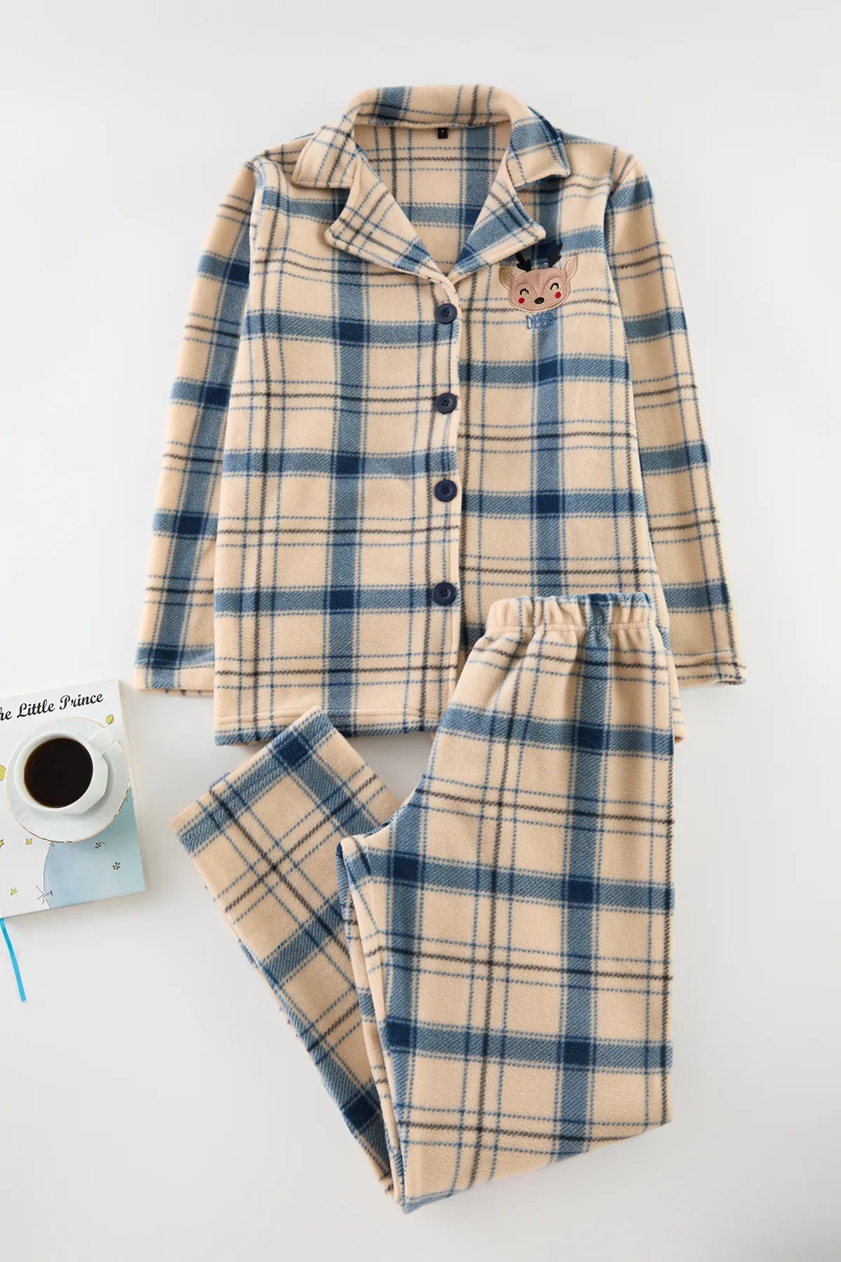 Navy Blue Embroidered Plaid Polar Winter Knitted Pajama Set