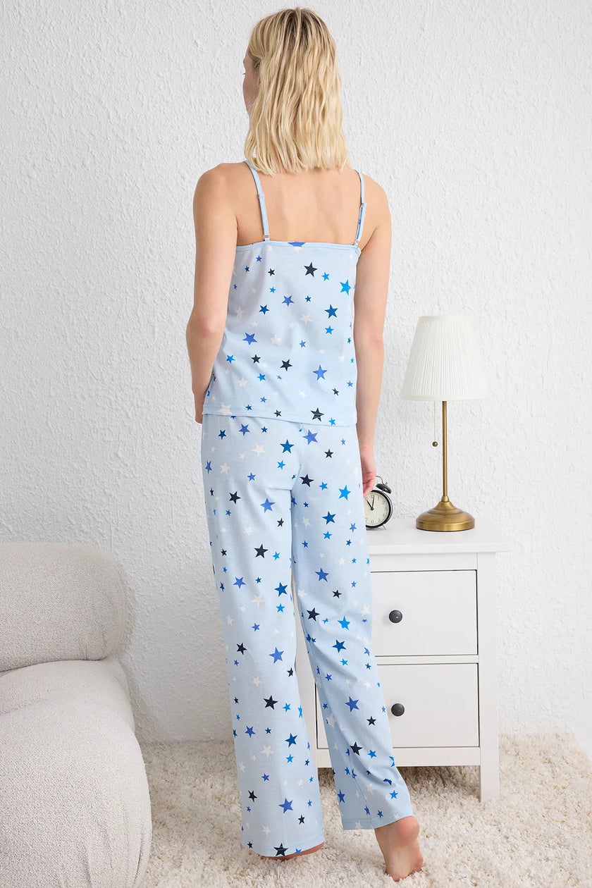 Blue Star Patterned Rope Suspender Knitted Pajama Set