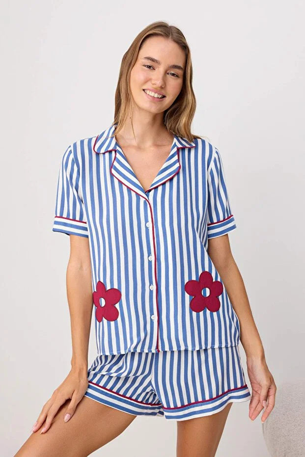 Blue Striped Floral Viscose Woven Pajama Set