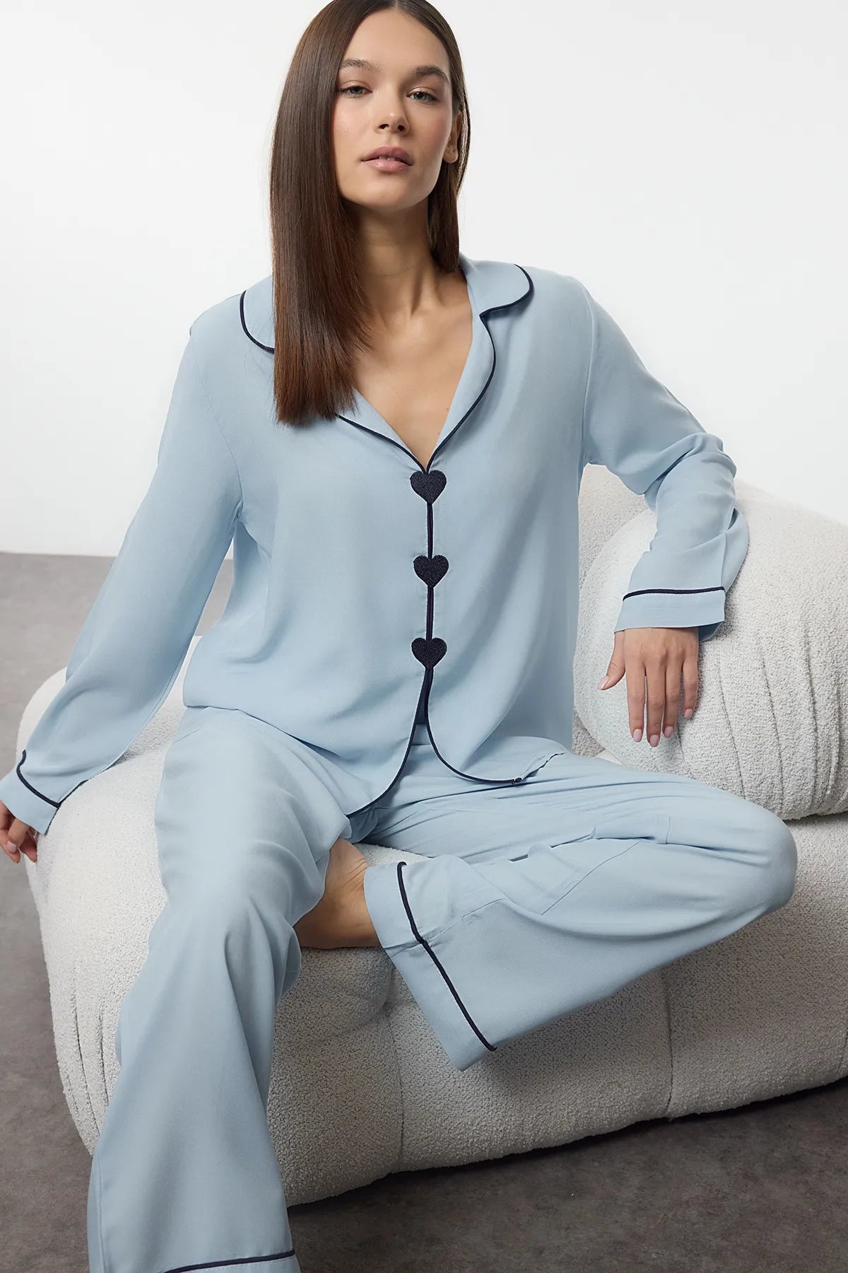 Light Blue Heart-shaped Viscose Woven Pajama Set