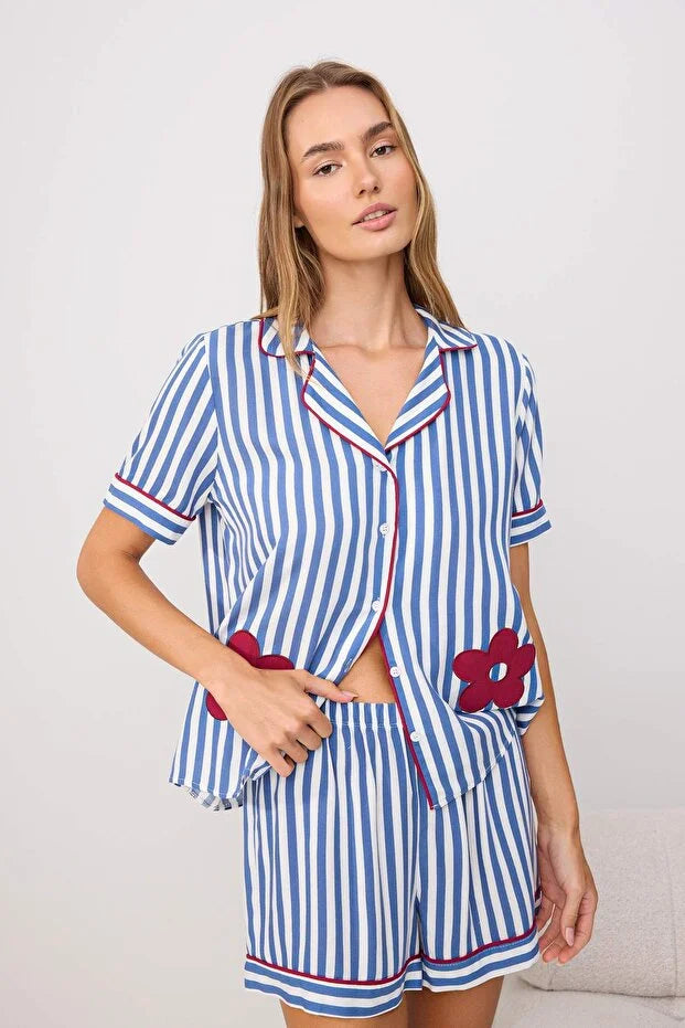 Blue Striped Floral Viscose Woven Pajama Set