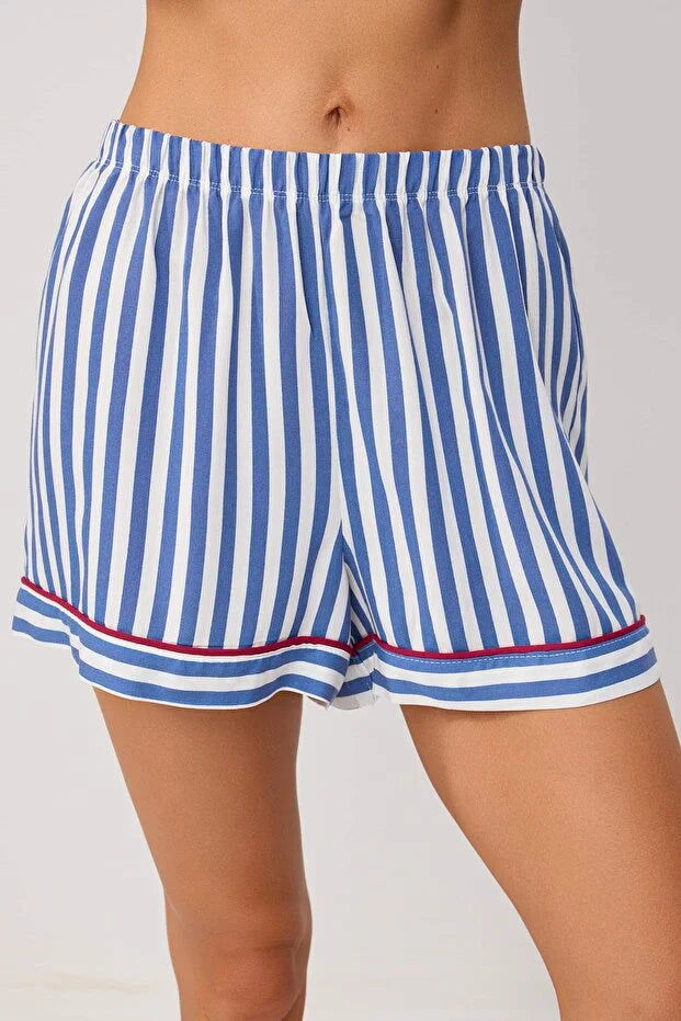 Blue Striped Floral Viscose Woven Pajama Set