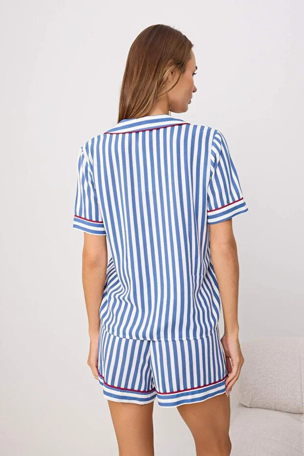Blue Striped Floral Viscose Woven Pajama Set