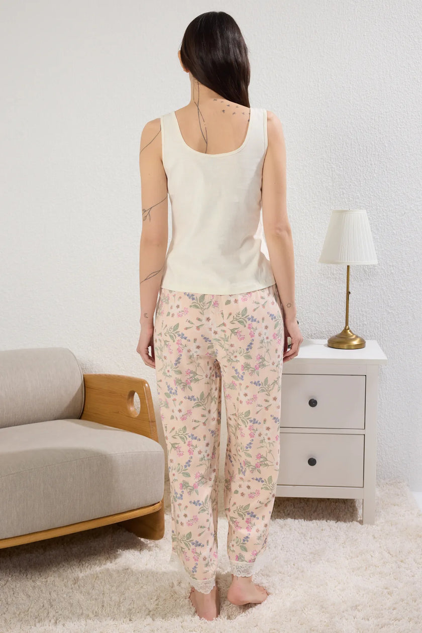 Floral Lace Detailed Viscose Knitted Pajama Set