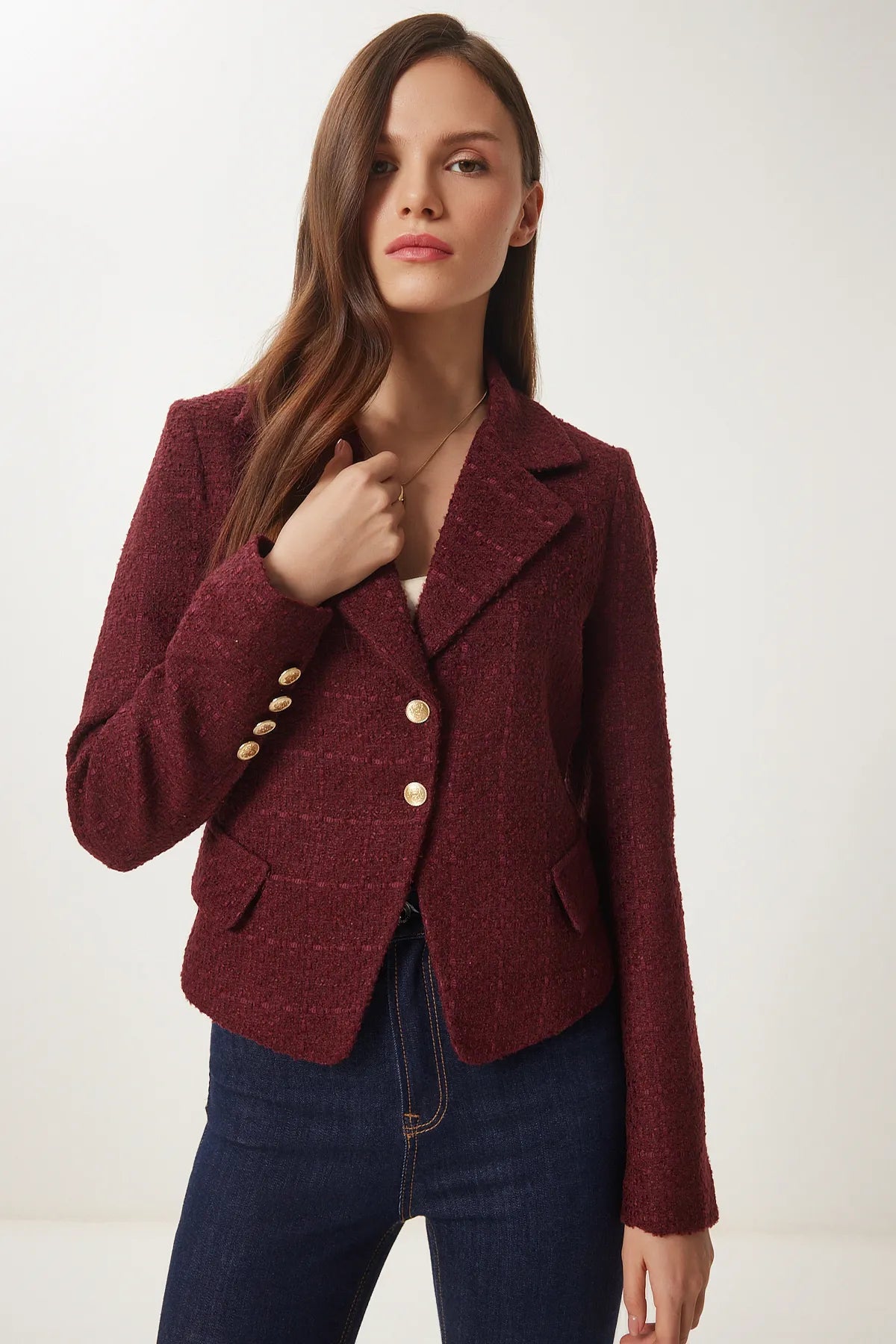 Gold Buttoned Tweed Woven Jacket CLARET