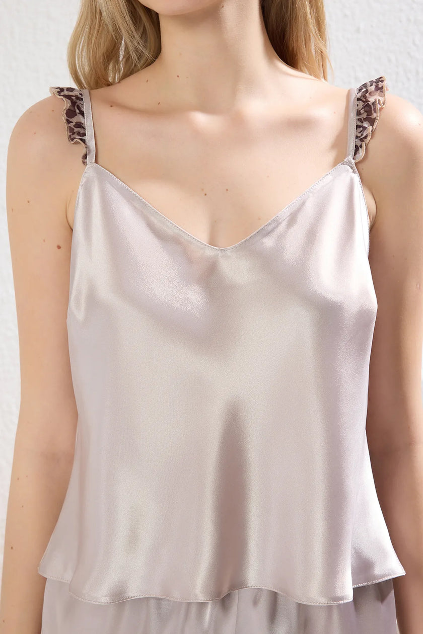 Mink 3-Piece Leopard Frill Satin Tights and Shorts Woven Pajama Set