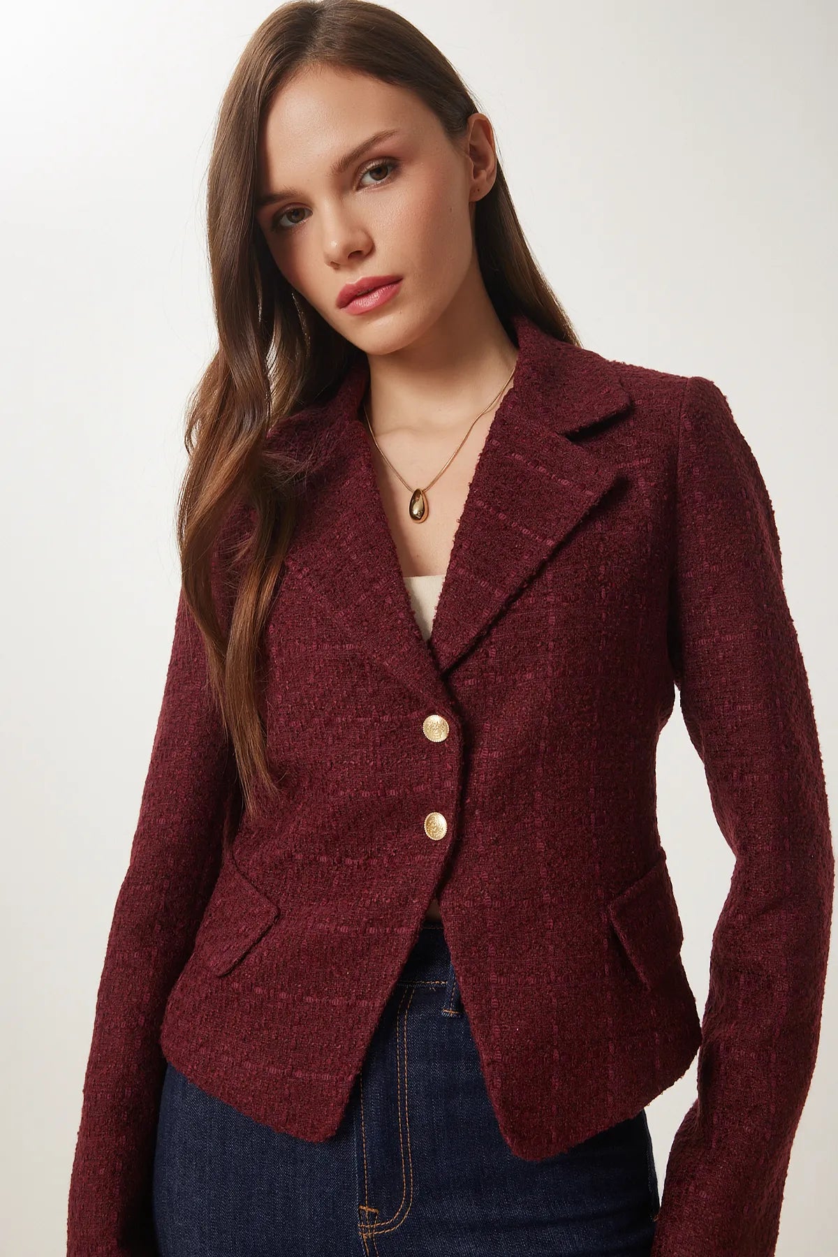 Gold Buttoned Tweed Woven Jacket CLARET