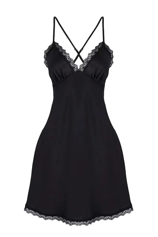 Black Tulle and Lace Detail Satin Open-Covered Strap Babydoll/Fantasy Nightgown with Slits