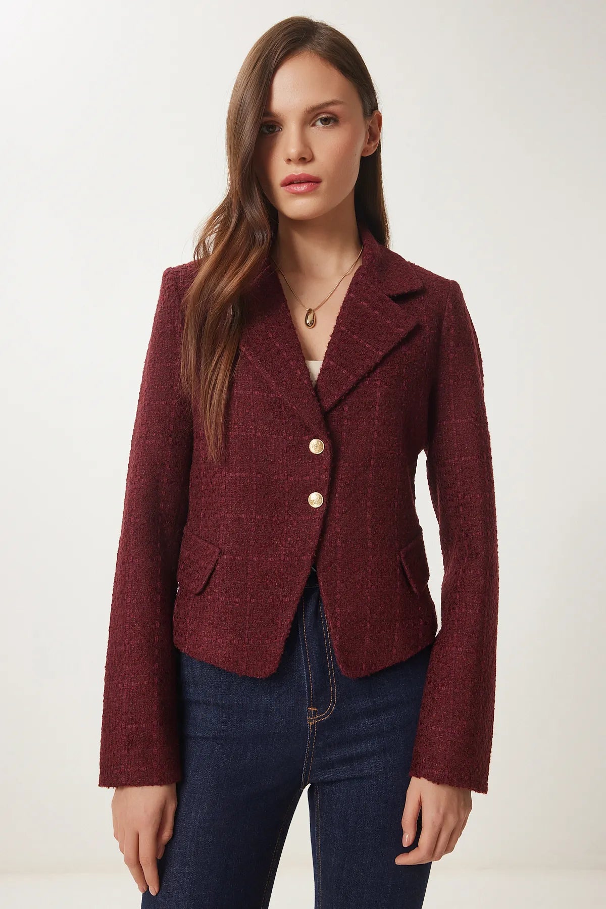 Gold Buttoned Tweed Woven Jacket CLARET