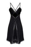Black Tulle and Lace Detail Satin Open-Covered Strap Babydoll/Fantasy Nightgown with Slits
