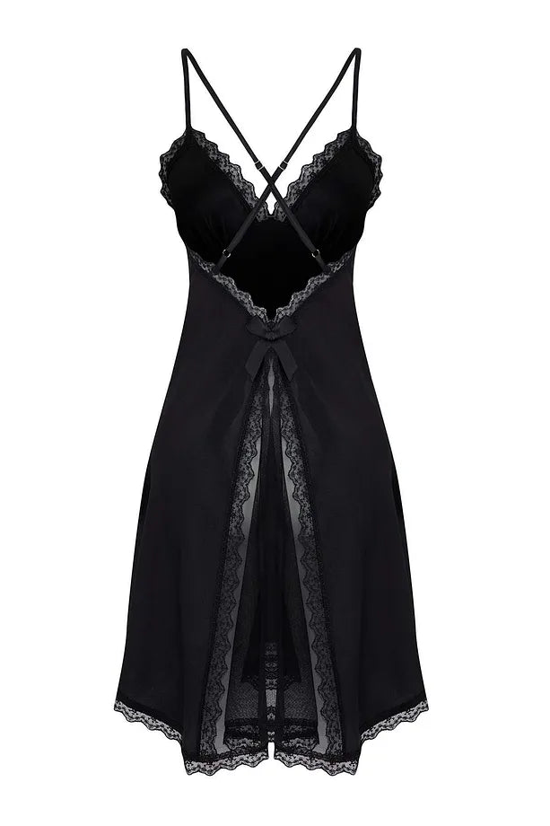 Black Tulle and Lace Detail Satin Open-Covered Strap Babydoll/Fantasy Nightgown with Slits