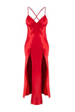 Red Satin-Woven Nightgown with Slit and Button Detail