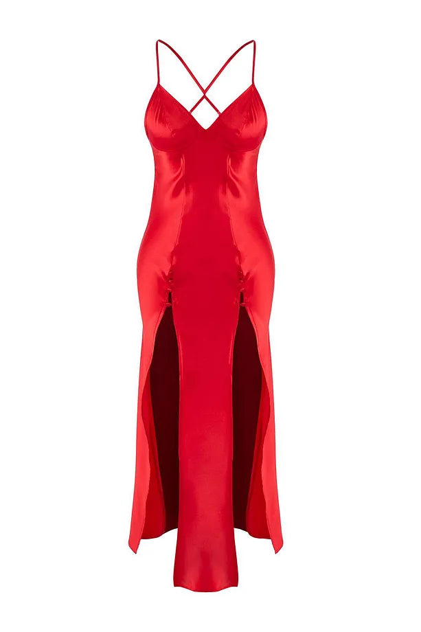 Red Satin-Woven Nightgown with Slit and Button Detail