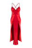 Red Satin-Woven Nightgown with Slit and Button Detail