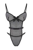 Black Fishnet Ribbon/Bow Unlined Pantyhose Fantasy Bodysuit