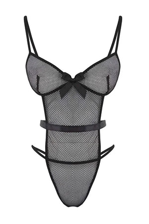 Black Fishnet Ribbon/Bow Unlined Pantyhose Fantasy Bodysuit