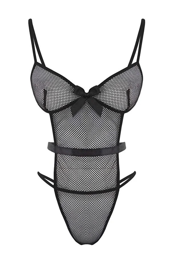 Black Fishnet Ribbon/Bow Unlined Pantyhose Fantasy Bodysuit
