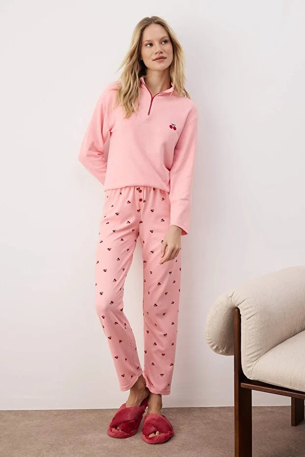Pink Cherry Zippered Soft Winter Waffle Knit Pajama Set