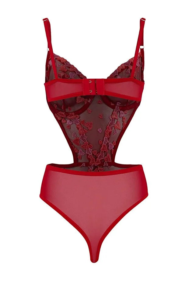 Red Tulle Regular Fit Heart Detail Non-Padded Body