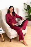 Burgundy Belted Double-Breasted Viscose Woven Pajama Set with Piping Detail