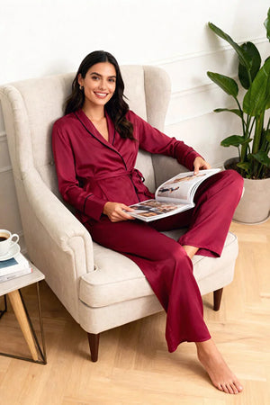 Burgundy Belted Double-Breasted Viscose Woven Pajama Set with Piping Detail