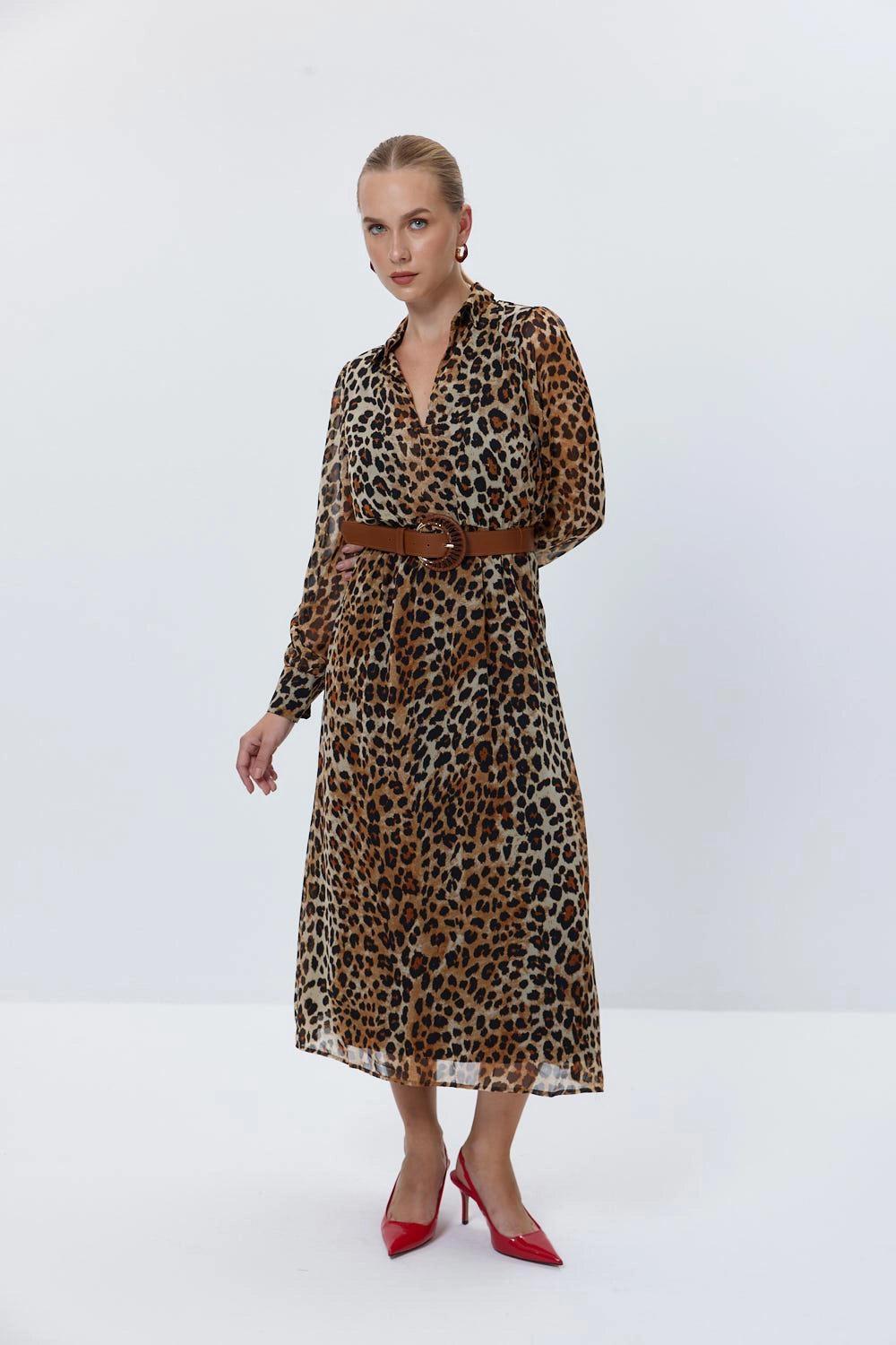 Leopard Patterned Brown Long Dress