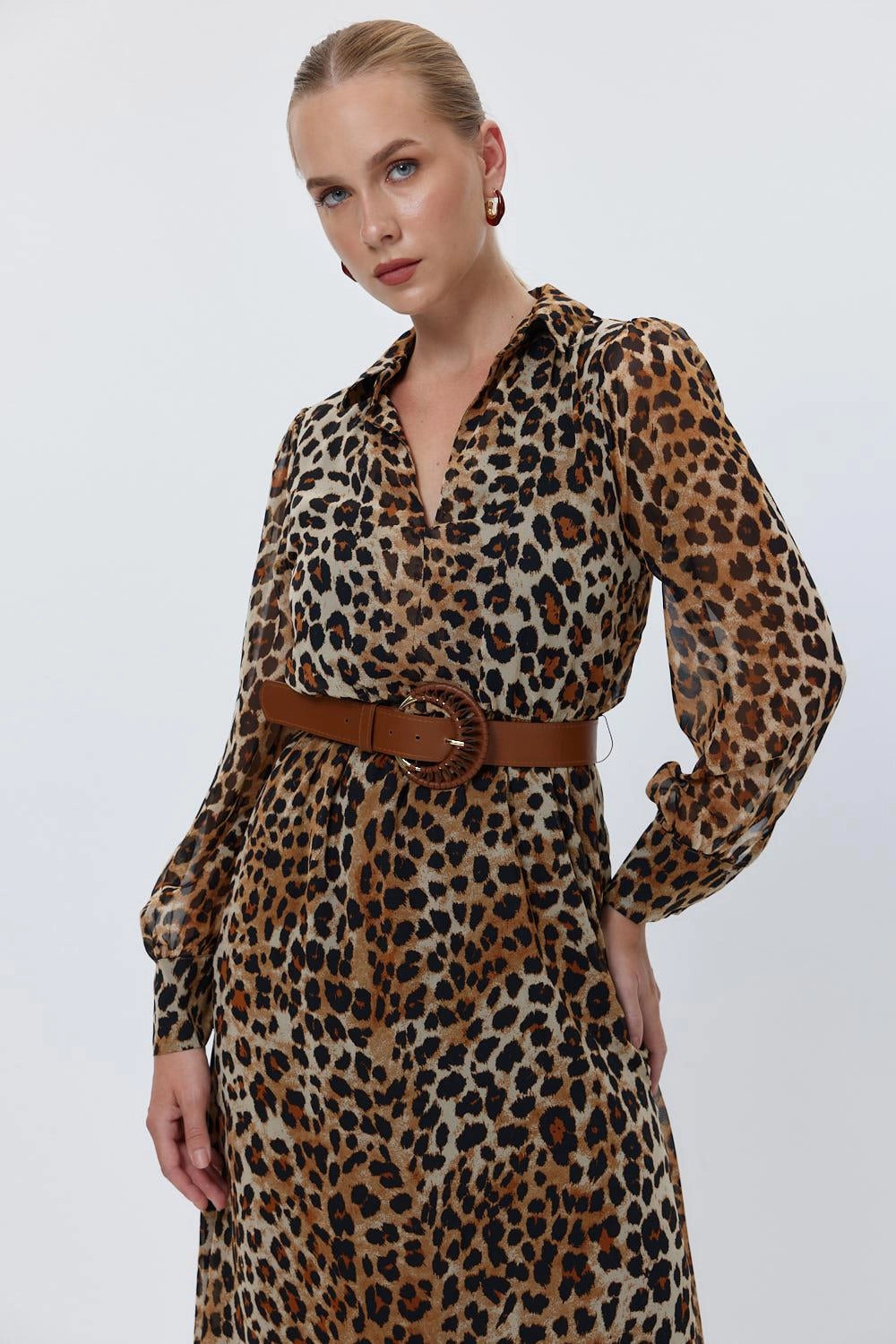 Leopard Patterned Brown Long Dress