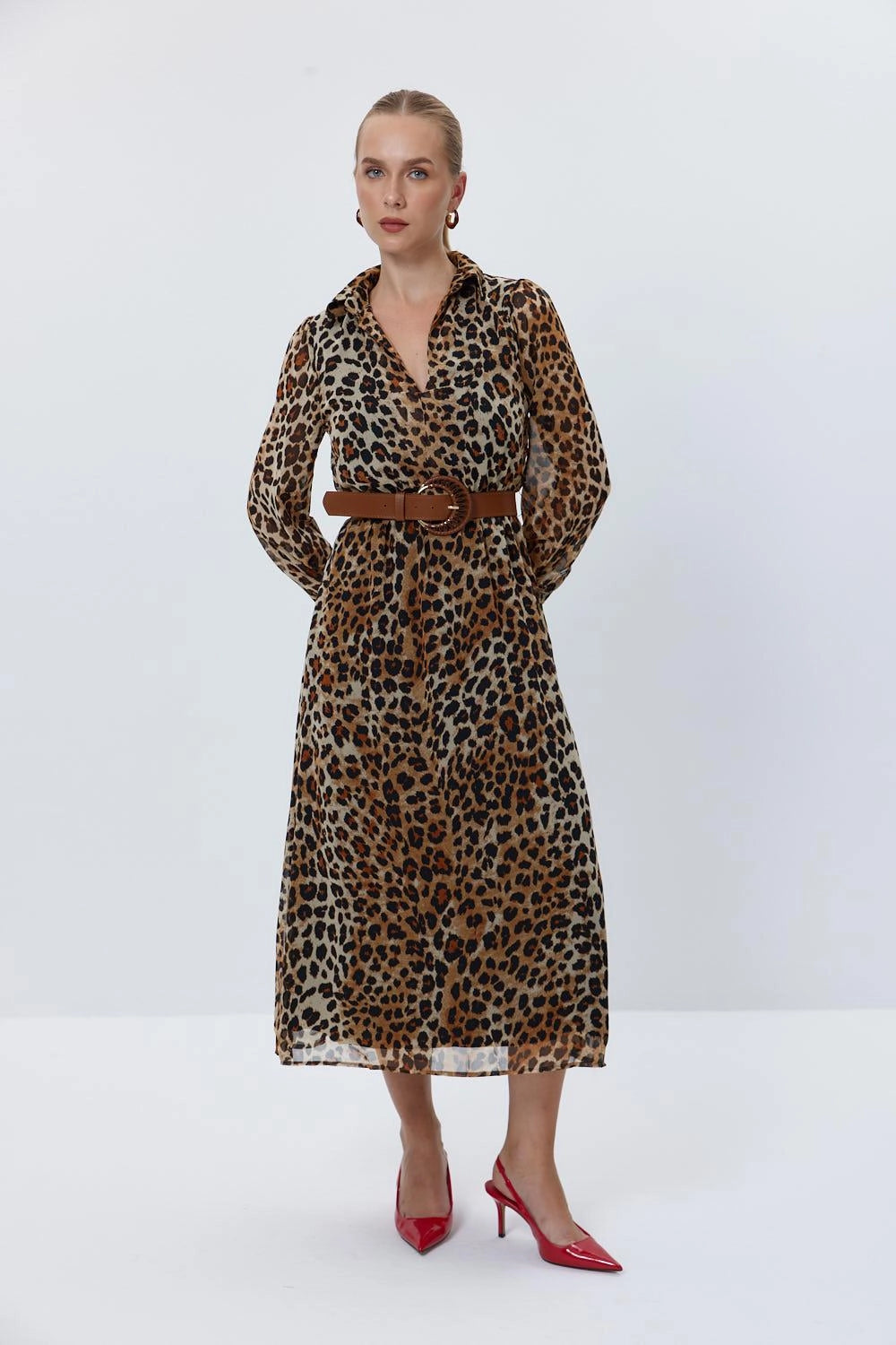 Leopard Patterned Brown Long Dress