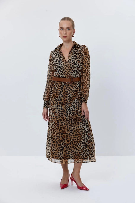 Leopard Patterned Brown Long Dress