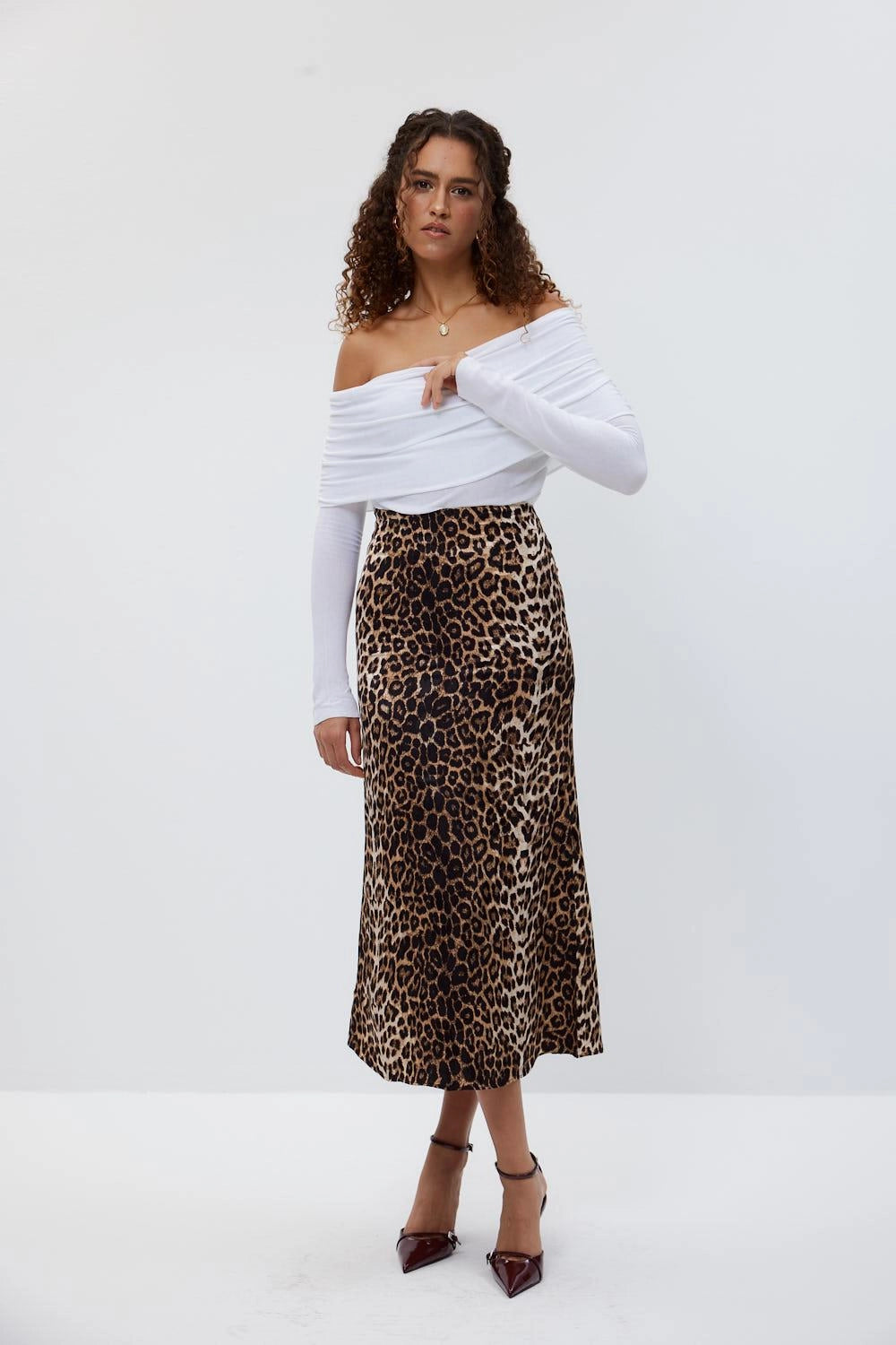 Leopard Print Black Beige Midi Skirt