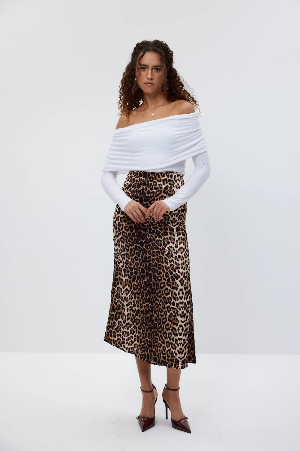 Leopard Print Black Beige Midi Skirt