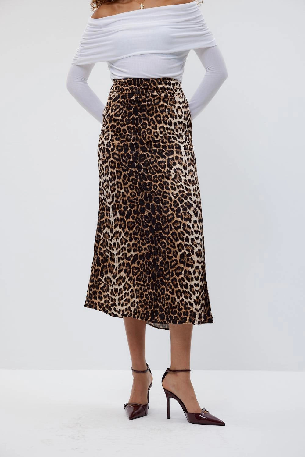 Leopard Print Black Beige Midi Skirt