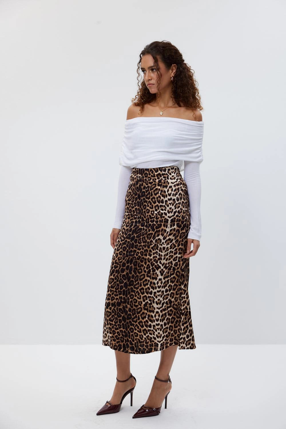 Leopard Print Black Beige Midi Skirt