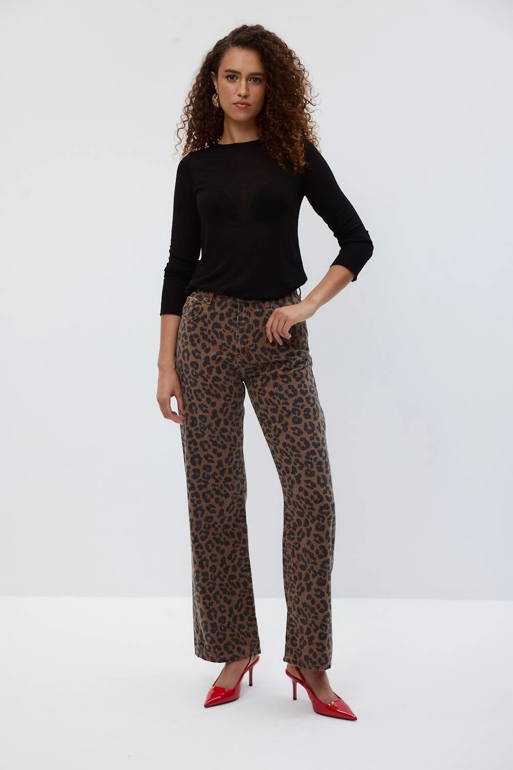 Leopard Patterned Wide Leg Brown Women's Jeans