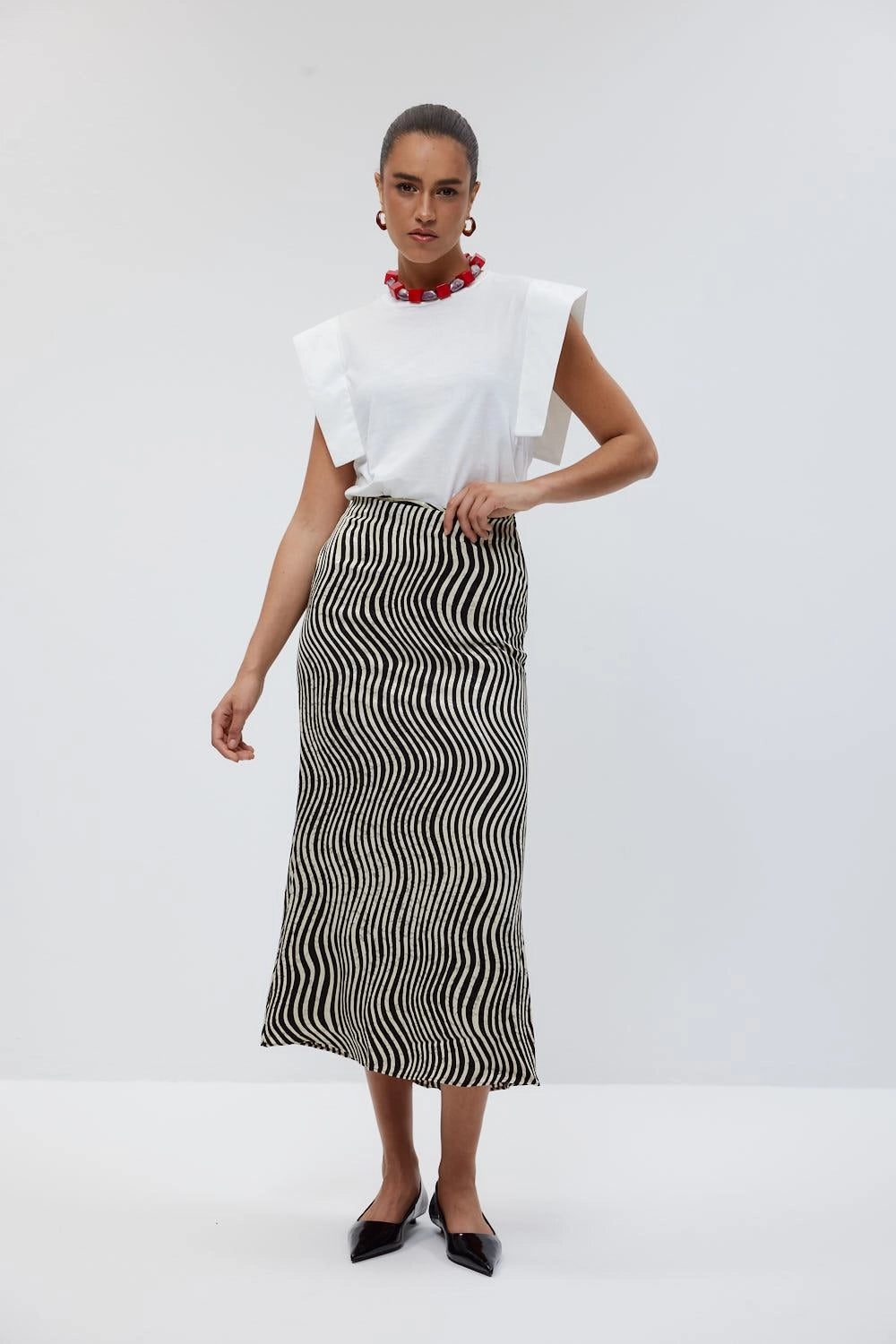 Patterned Midi Black Beige Satin Skirt