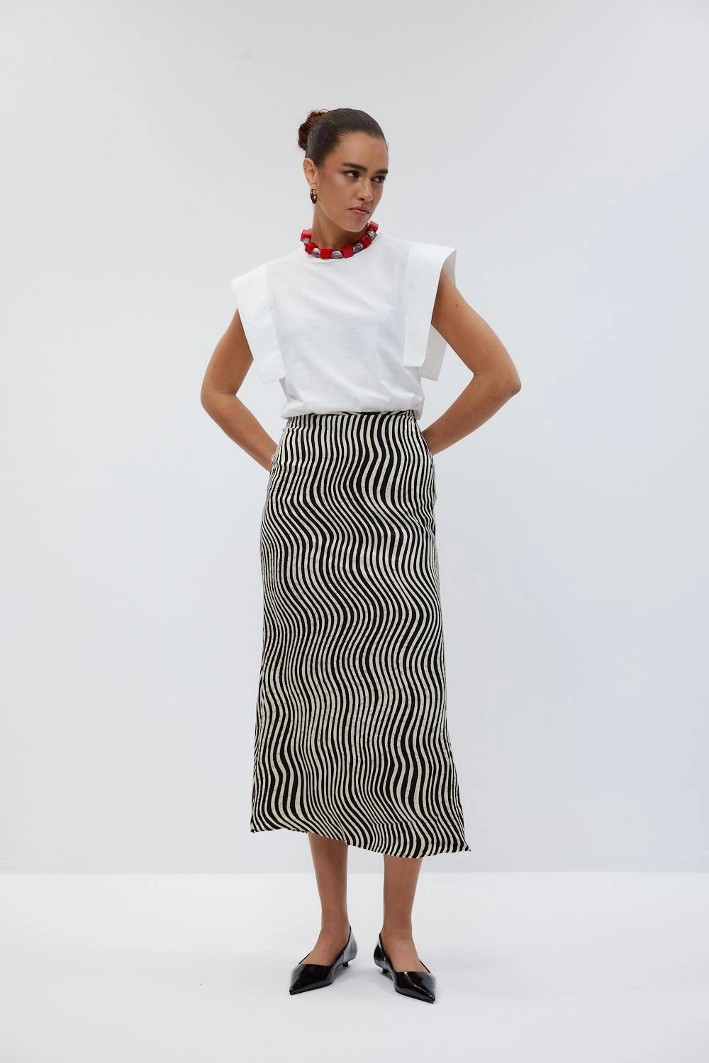 Patterned Midi Black Beige Satin Skirt