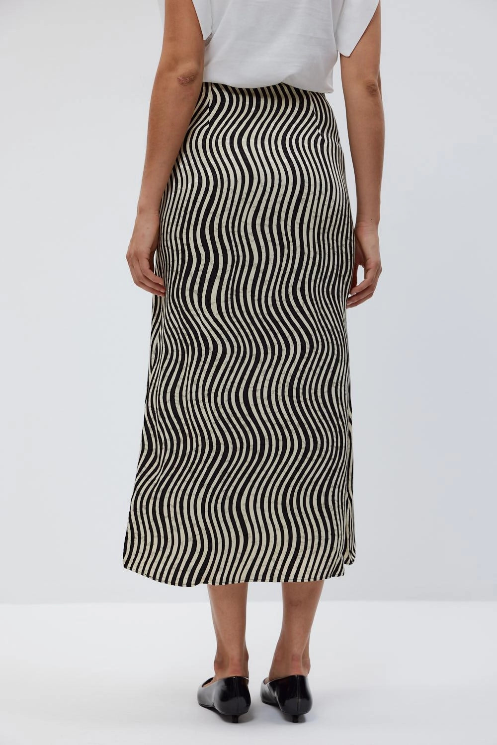 Patterned Midi Black Beige Satin Skirt